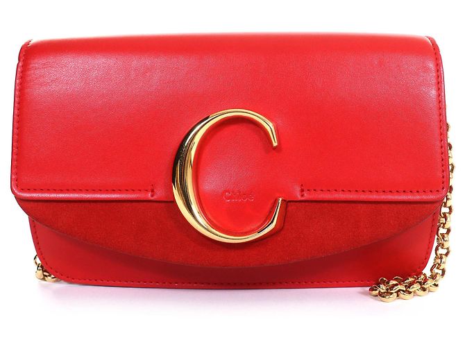 Borsa a Spalla in Pelle Suede Chloé C Logo Rosso
