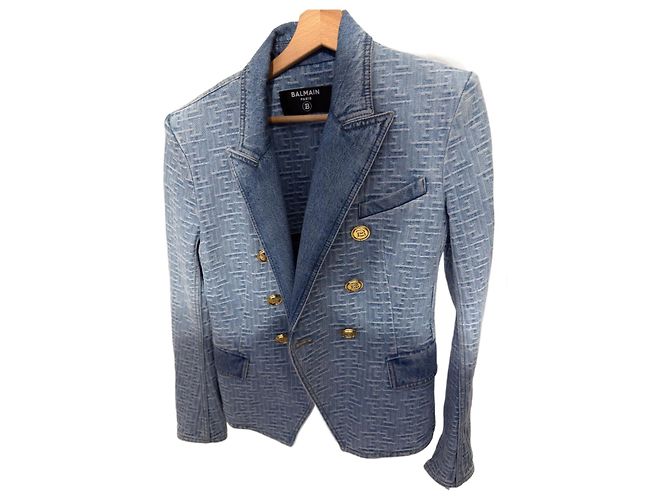 Balmain Monogrammed double breasted denim blazer with golden buttons Light blue
