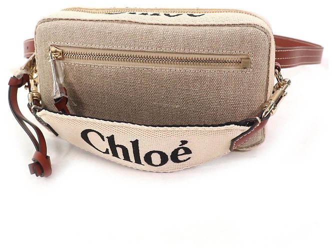 Borsa Pouch Chloé WOODY in Lino e Pelle Marrone Beige