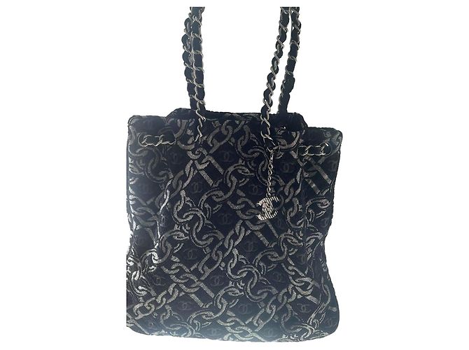 Borsa a mano Chanel in velluto e cotone nero Argento