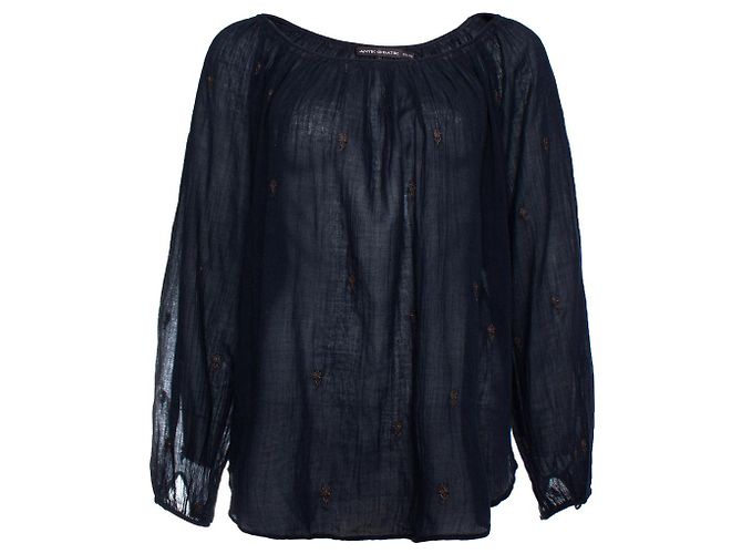 Antik Batik Bluse mit gewebtem Blumenmuster Blau