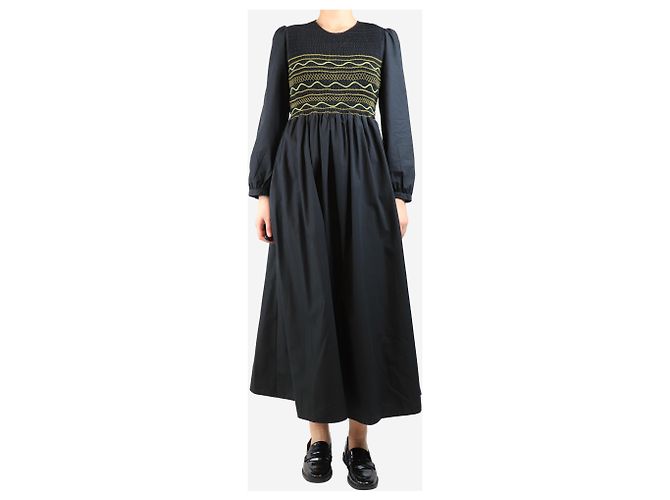 Autre Marque Schwarzes Baumwoll-Midi-Kleid mit Raffung - Größe L