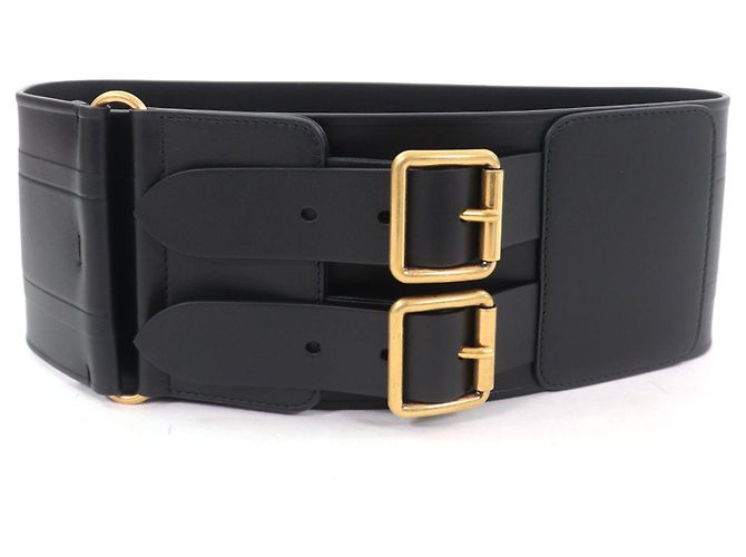 Cinto de couro maxi D-WAIST com dupla fivela dourada Christian Dior Preto