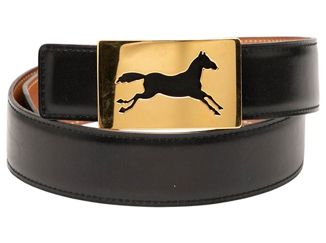 Cinto de couro de vitelo preto Hermès com fivela de cavalo.