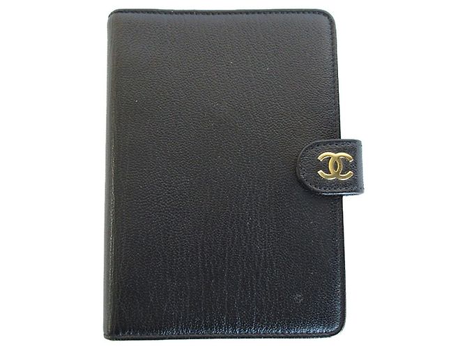 Chanel Coco Mark Leather Notebook Cover Black Metal