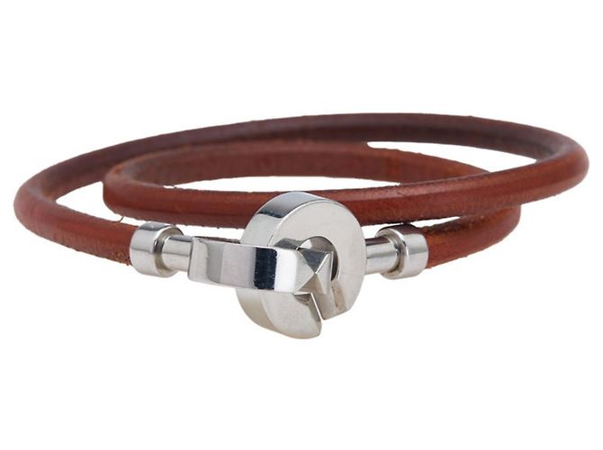 Pulseira Hermès de Couro Marrom e Metal Prateado Prata