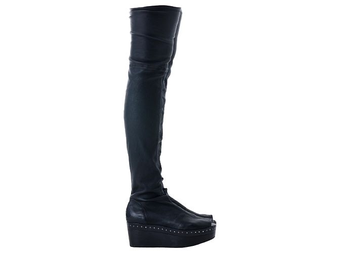 Rick Owens Thigh-High Leather Wedge Boots Black