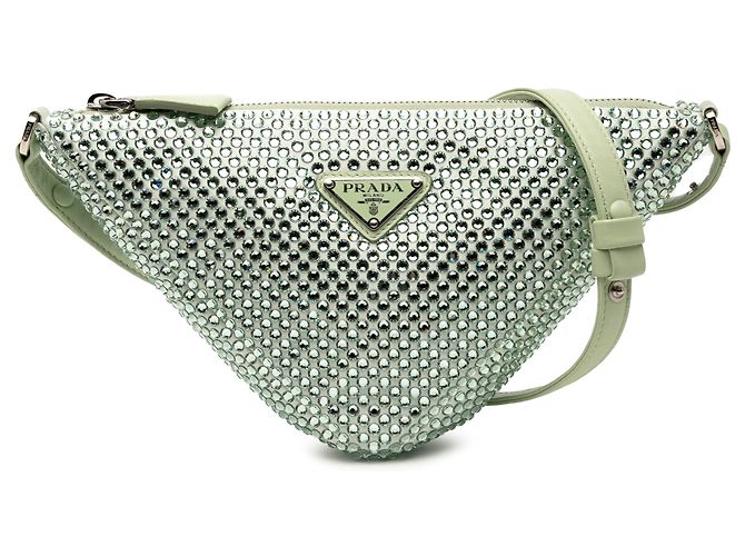 Bolso Triangular de Satén Verde Embellecido con Cristales Prada