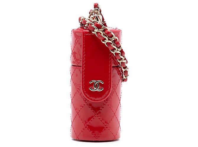 Estuche de lápiz labial de charol acolchado rojo CC de Chanel Roja