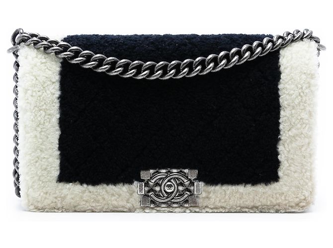 Chanel Black Old Medium Bicolor Shearling Boy Flap