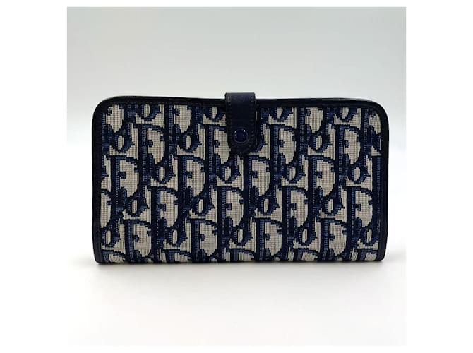 Dior Trotter Pattern Bi-fold Wallet Navy Blue Cloth  ref.2620317