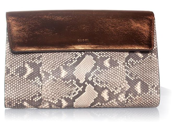 Gucci Python-Leder-Clutch mit metallischem Klappdeckel Braun