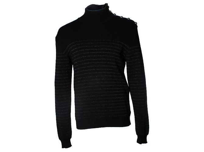 Balmain  Gestreifter Lurex-Rollkragenpullover Schwarz 
