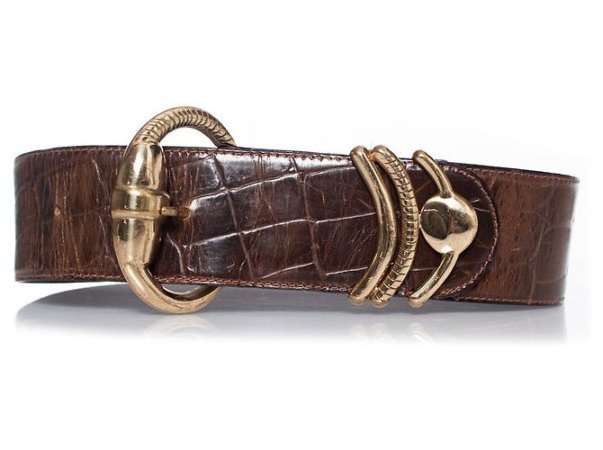 Brauner Leder-Gürtel mit Krokodilprägung von Gianni Versace