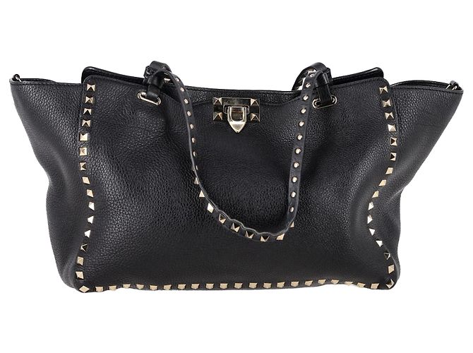 Valentino Garavani Borsa Tote Medium Rockstud Valentino in pelle di vitello nera Nero