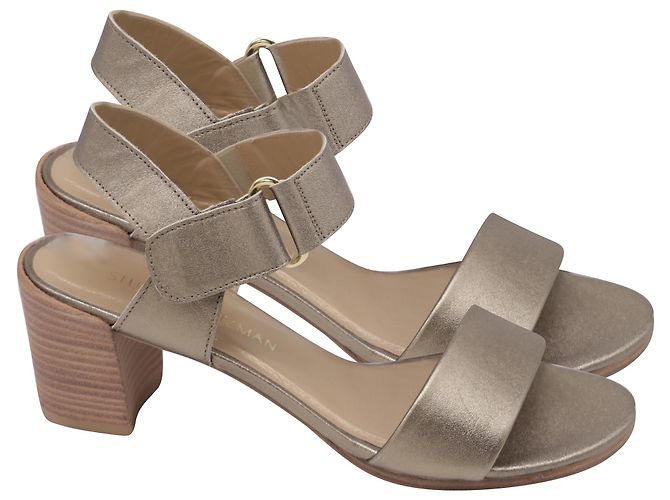 Stuart Weitzman Ankle Strap Block-Heel Sandals in Metallic Gold Leather Golden