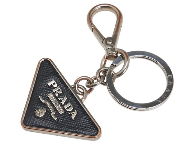 Chaveiro de placa com logo triangular Prada Preto Prata