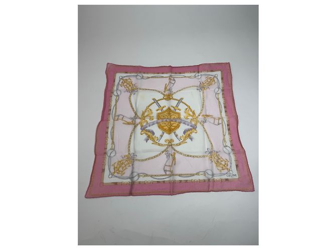 Autre Marque Écharpe Vintage Celine Épée et Bouclier Blanc Rose