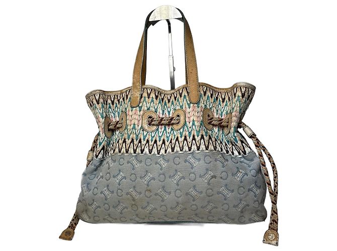 Triomphe Céline Bolso de mano vintage Celine Monogram Beige Azul Blanco
