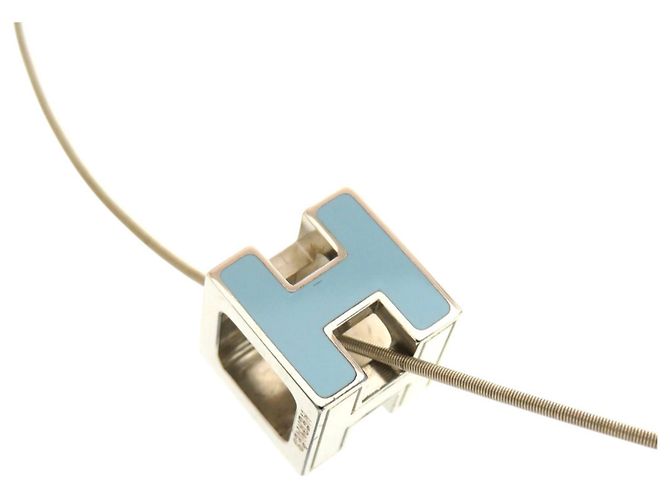 Hermès Carge d'Ache H Cube Metall Halskette Hellblau Silber 
