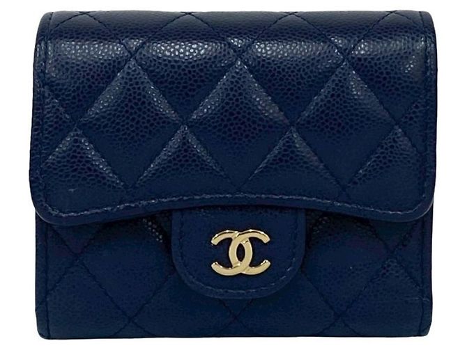 Chanel Matelasse Coco Caviar Leather Tri-fold Wallet Navy blue