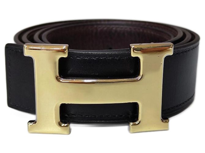 Cinto Hermès Constance Fivela H dourada Couro Preto Dourado