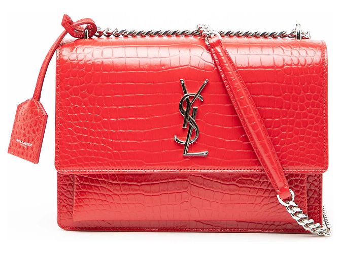 Saint Laurent Red Medium Croc Embossed Monogram Sunset Bag