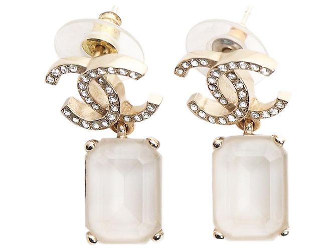 Chanel Brincos de gota de pedra preciosa CC dourados