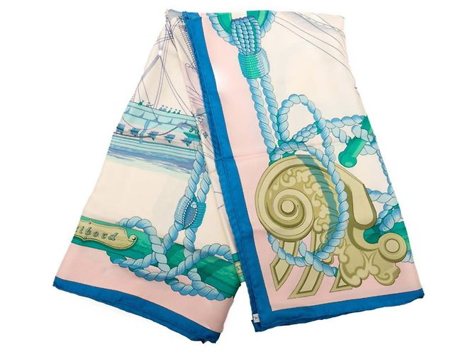 Sciarpa Hermès Carré 90 Tribord Nave a Vela Blu Multicolore Beige