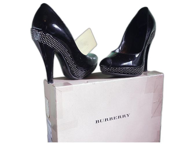 Burberry Patent Leather Studded Peep-Toe Platform. Black