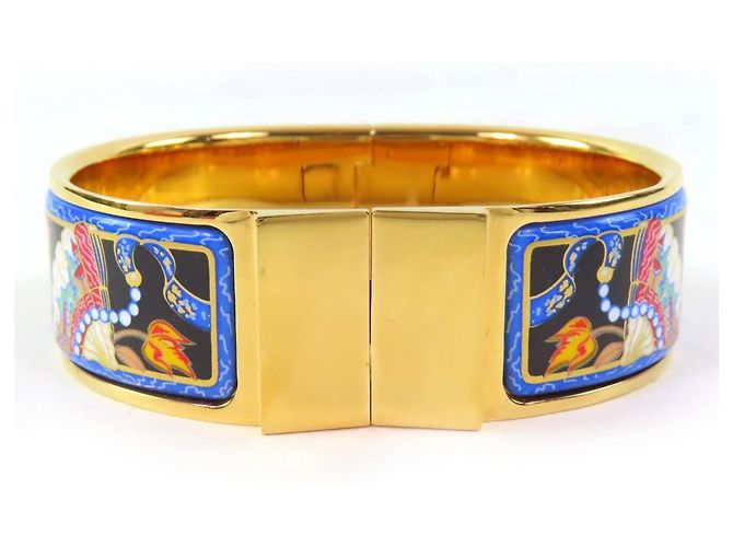 Hermès Pulseira Bangle Cloisonné com Padrão de Leque GM Emaillado HERMES Roque Multicor Dourado
