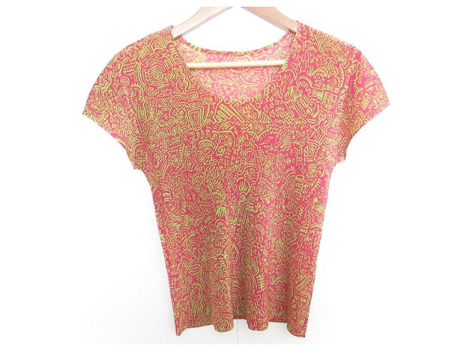 Issey Miyake Blusa de manga curta plissada impressa PLEATS PLEASE