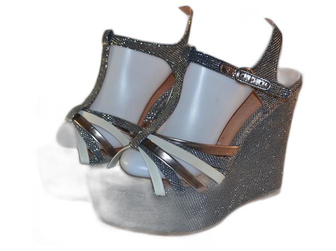 Jeffrey Campbell Silver Cloth Wedge Mules Size 40