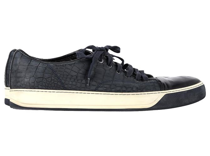 Lanvin DBB1 Croc-Embossed Sneakers in Navy Blue Leather
