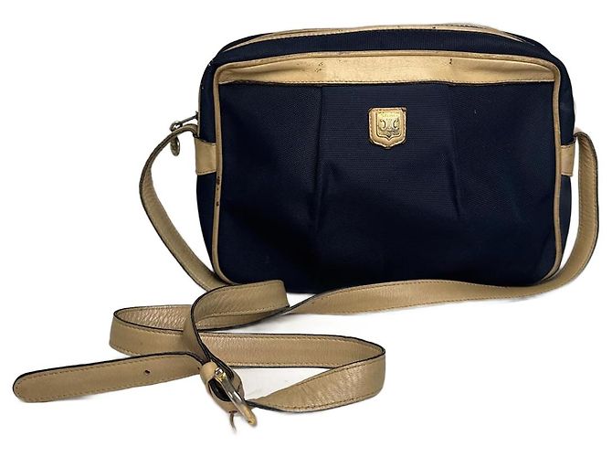 Céline Vintage Celine Triomphe Shoulder Leather Polyester Bag Navy Gold Navy blue