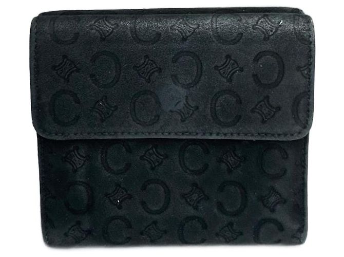 Triomphe Céline Vintage Celine Monogram Velour Leather Wallet Black