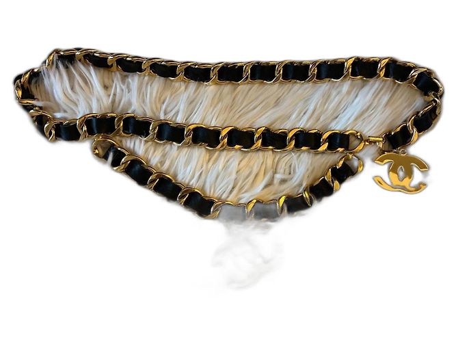Chanel Vintage Leather/Chain Belt CC Black Gold hardware