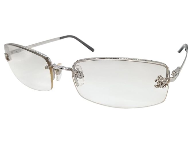 Óculos de sol Chanel CC Logo Prata Transparente Sem Armação com Strass 4093-B