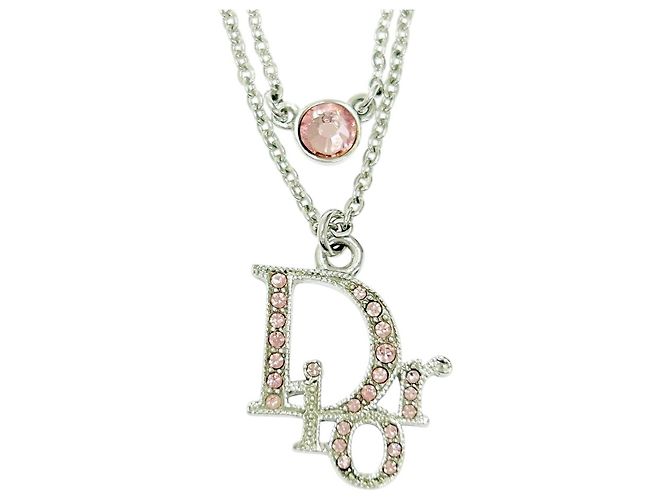 Collana a catena con logo argento Christian Dior e cristalli rosa in strass
