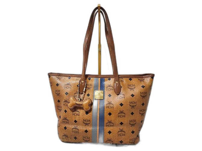 Bolsa tote listrada em forma de osso de cachorro MCM Visetos marrom