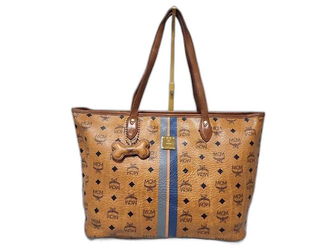 Bolsa tote listrada MCM Visetos em cognac Marrom