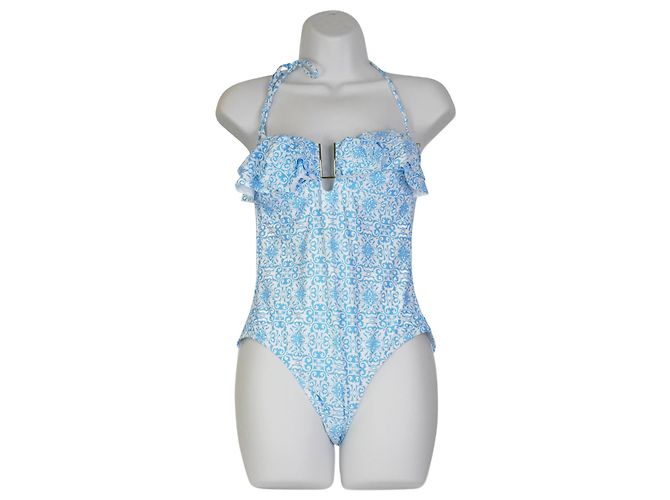 Melissa Odabash Blauer Blumen-Bandeau-Badeanzug - Größe UK 12