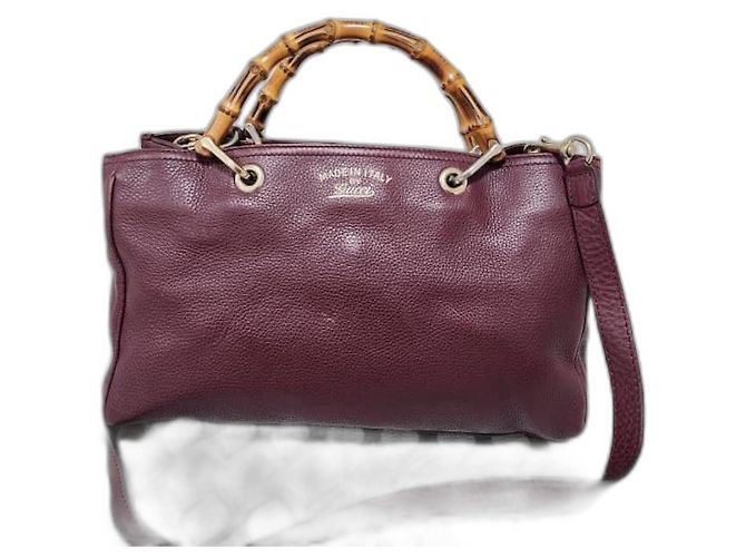 Bamboo Gucci Bolso de compras mediano de cuero texturizado con asas de bambú - Burdeos