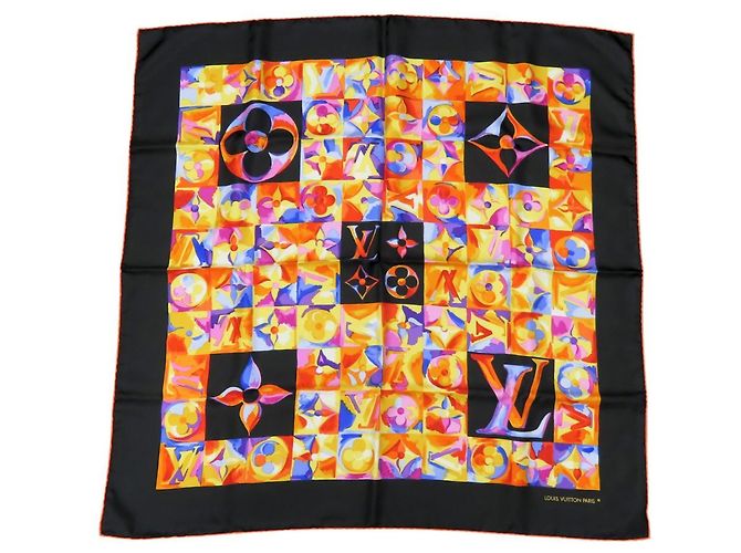 Sciarpa in seta Louis Vuitton nera e multicolore Nero Arancione Monogramma 