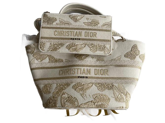 Bolso Cesta Dior Sombrero Lona Blanca y Dorada Mariposa Blanco Dorado