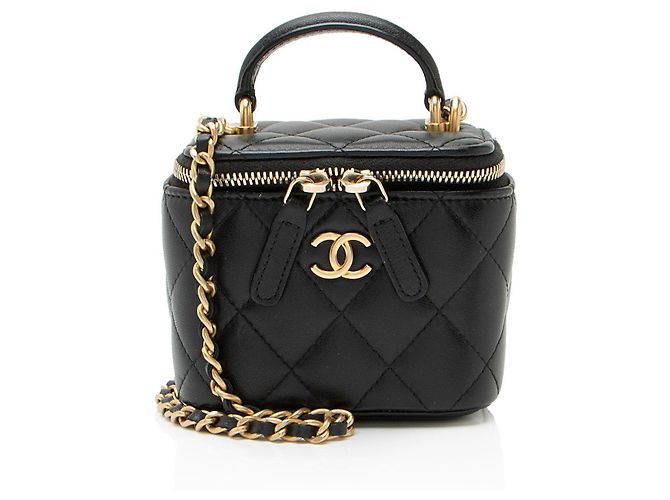 Mini case de vaidade com alça superior em couro de cordeiro Chanel Preto