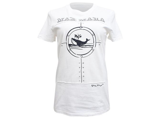 Camiseta de algodão branco estampada com baleia Max Mara Oblo Cru
