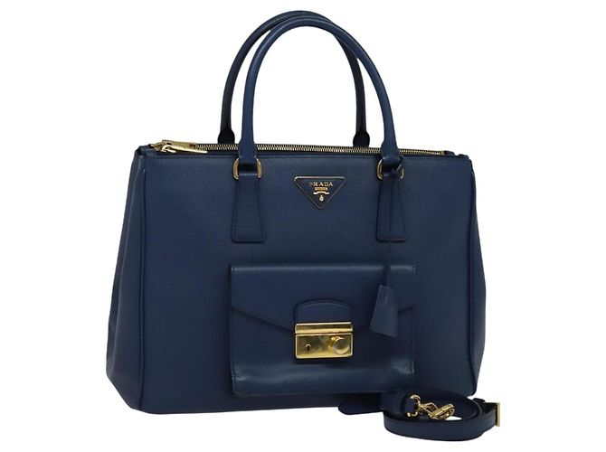 Prada Front Pocket Double Zip Lux Tote Saffiano Leather Medium Blue