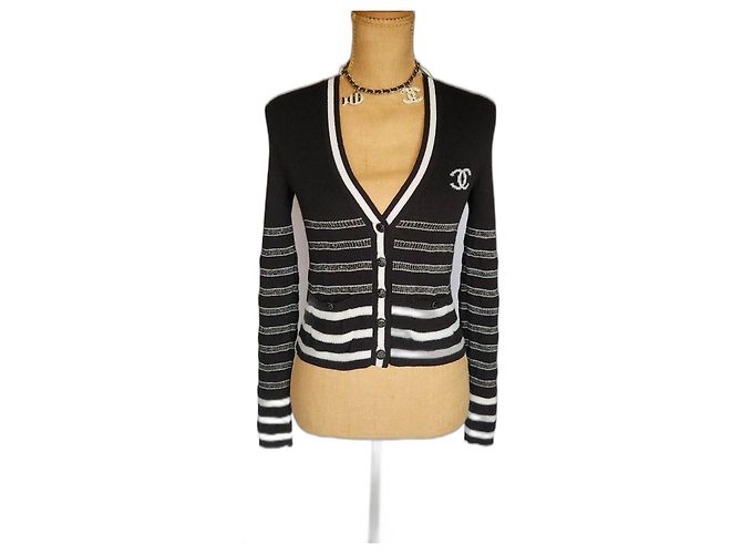 Chanel Cardigan Schwarz Weiß Baumwolle Kaschmir