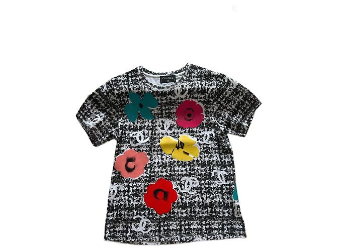 Top de algodão Chanel com padrões florais preto e branco logo CC Tamanho 38 Multicor